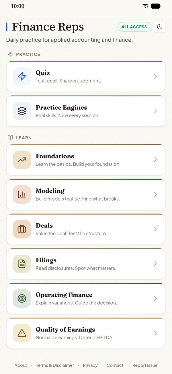 Finance Reps home screen — All Access, light mode