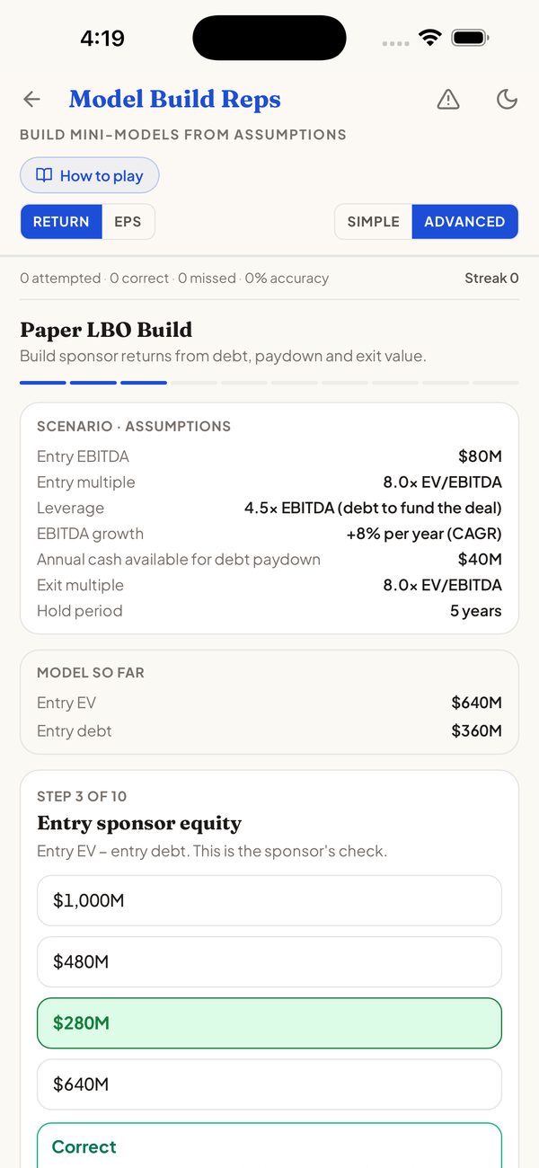 Model Build Reps — building a deal mini-model line by line