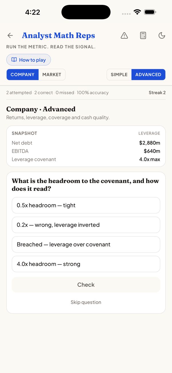Analyst Math Reps — run the metric and read the signal